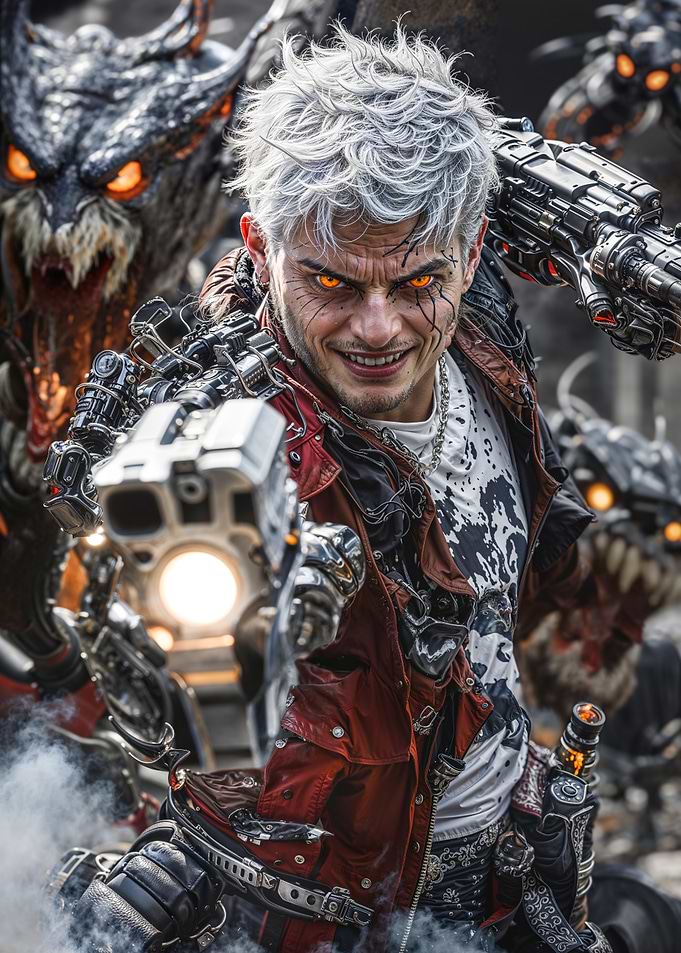 Cybernetic Demon Hunter with Fiery Eyes Aiming a High-Tech Gun