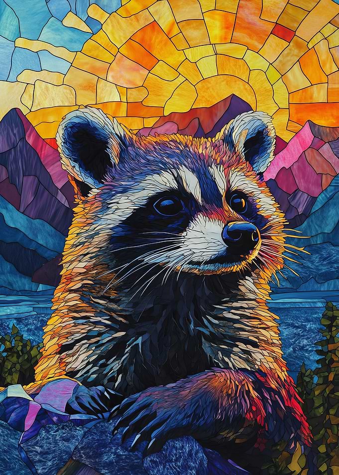 Raccoon Sunset Stained Glass