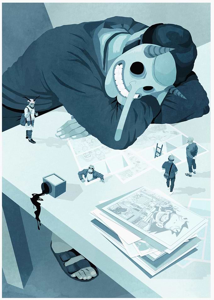 Giant Figure Sleeping on Comics