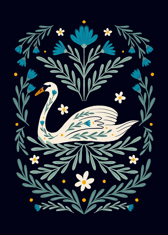 Swan in Floral Wreath