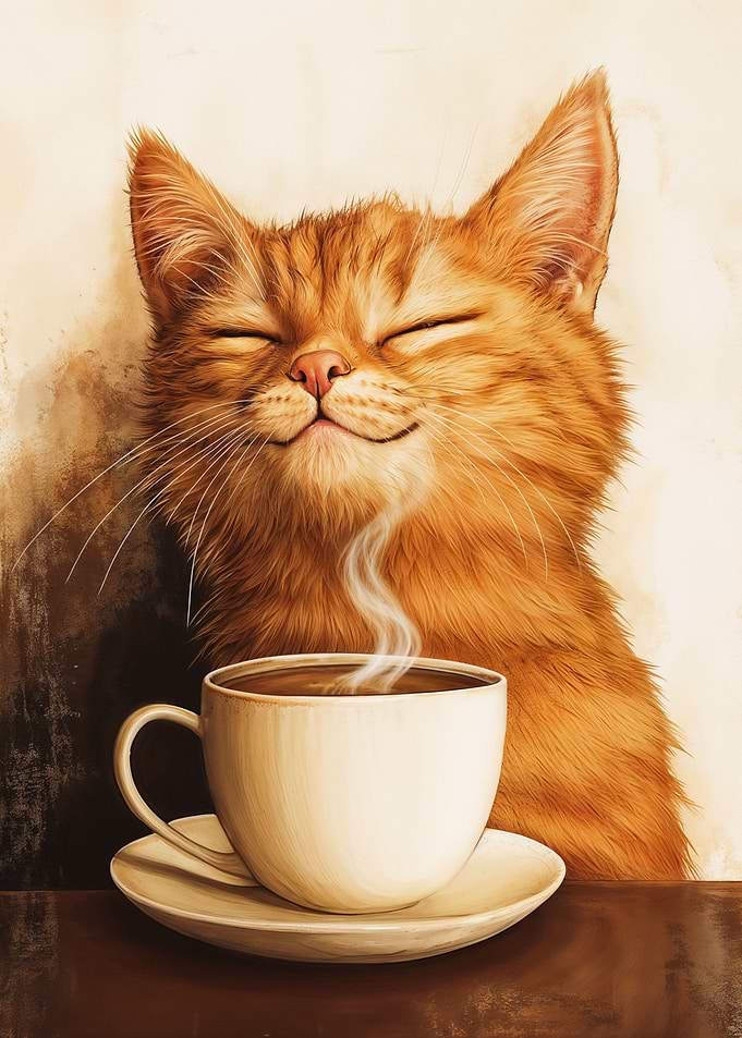 Smiling Cat with Coffee