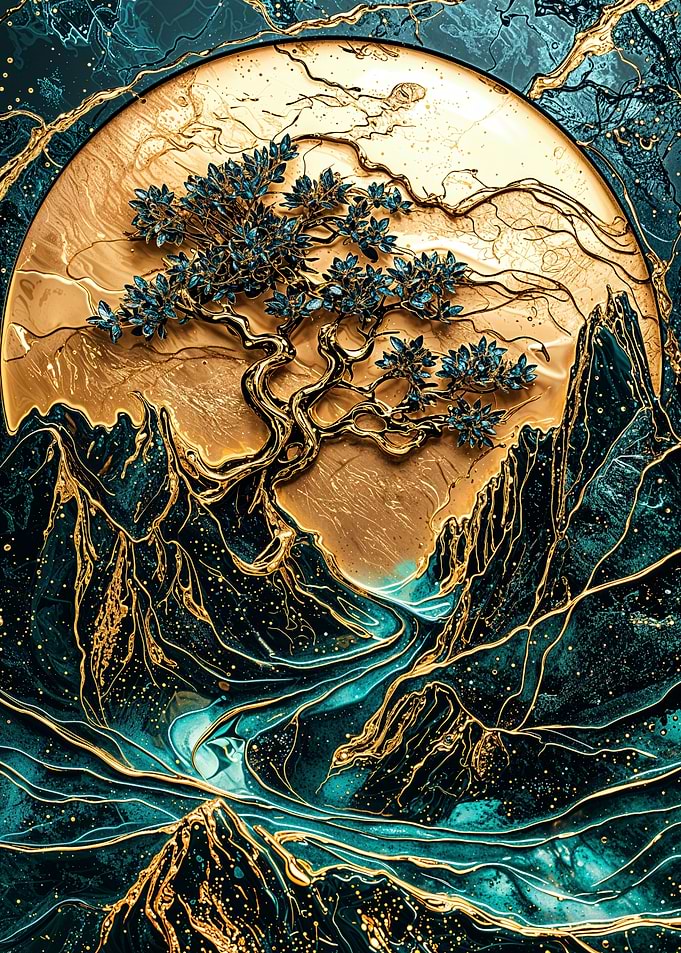 Gold & Teal Mountain Landscape