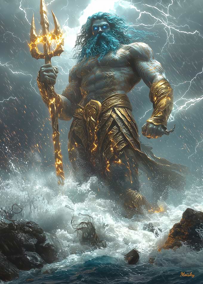 Poseidon, Lord of the Deep - Divine Storm and Lightning Fantasy Art