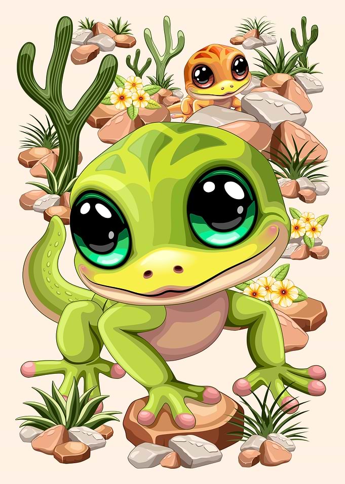 Cute Green Gecko on Desert Scenery