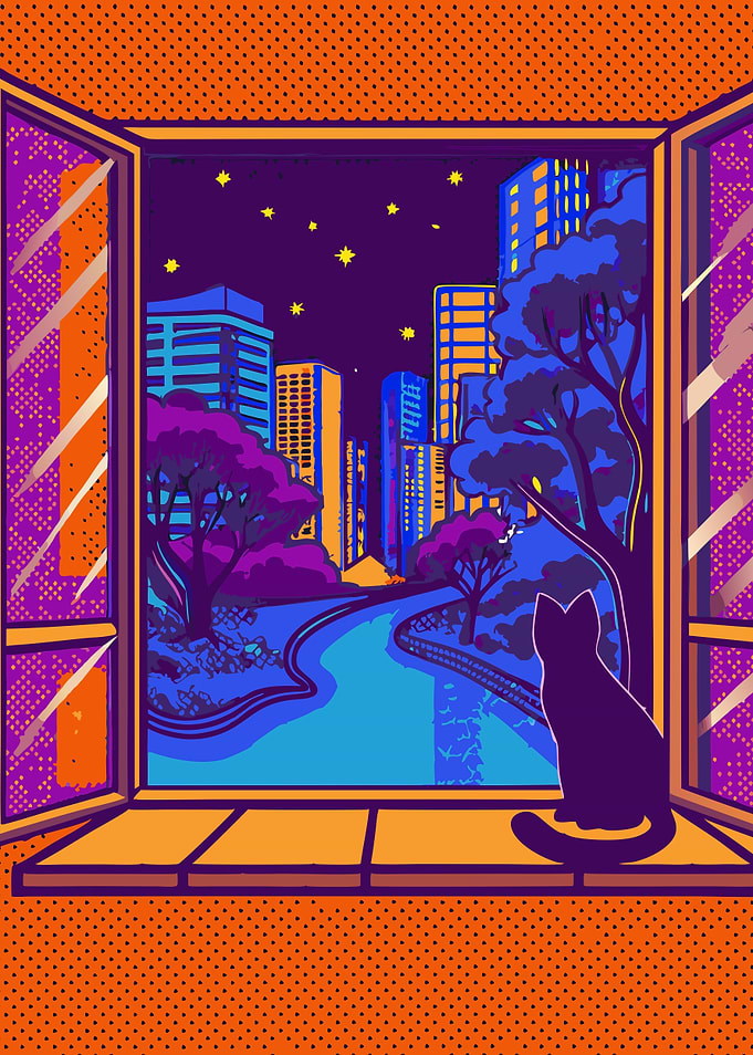 Night City Dreams – Cat Window View Pop Art