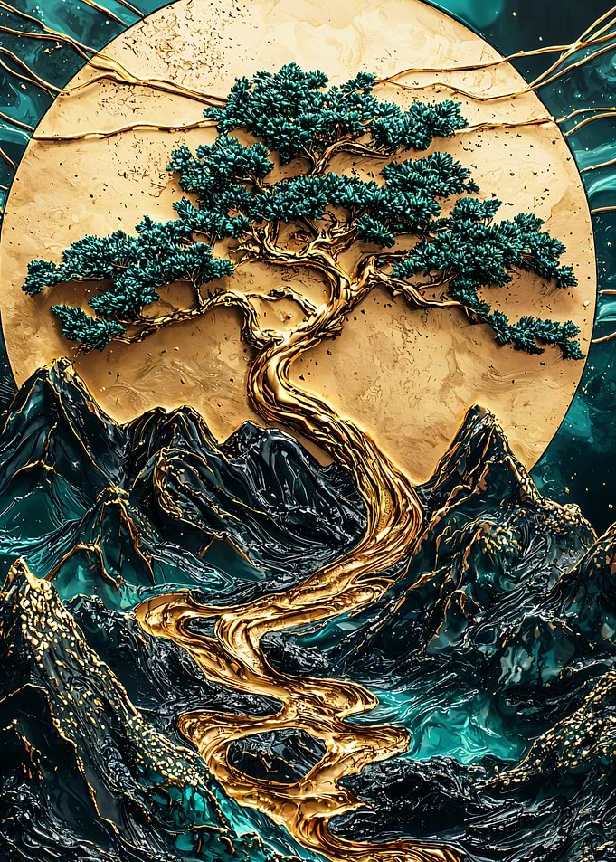 Gold & Teal Bonsai Tree