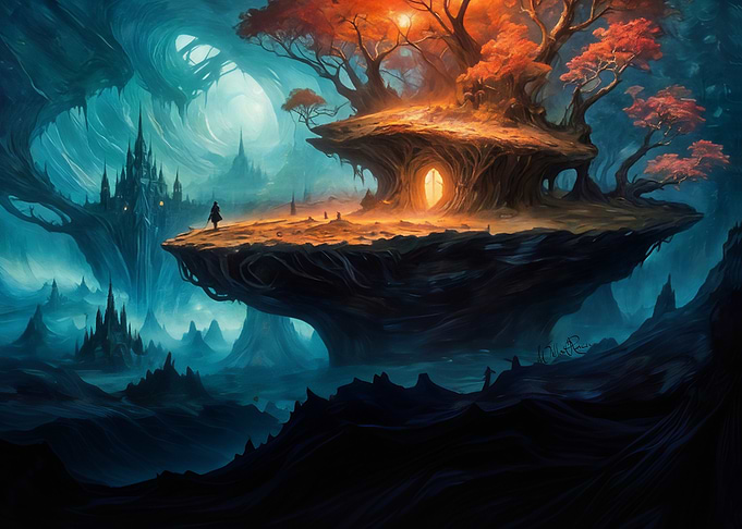 Shrouded Haven: Sanctuary Between Worlds (Fantasy Subterranean Otherworldly Landscape)