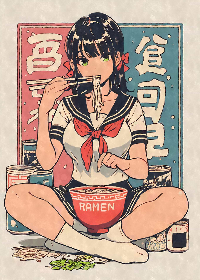 Retro Anime Girl Eating Ramen