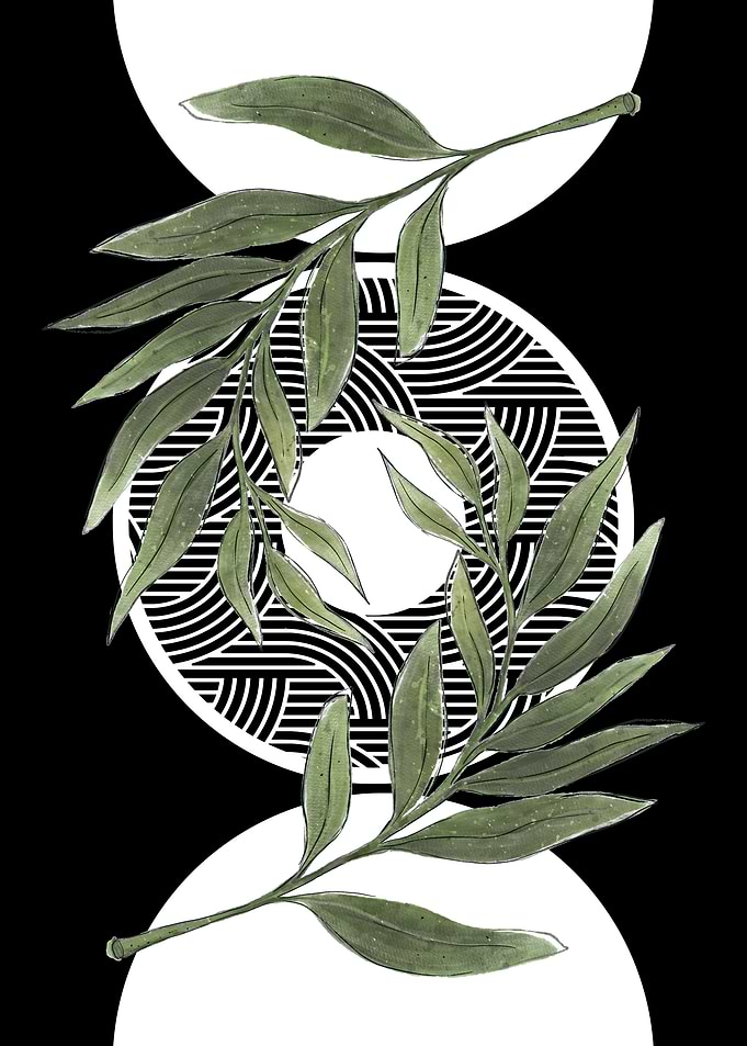 Green Leaves on Black and White
