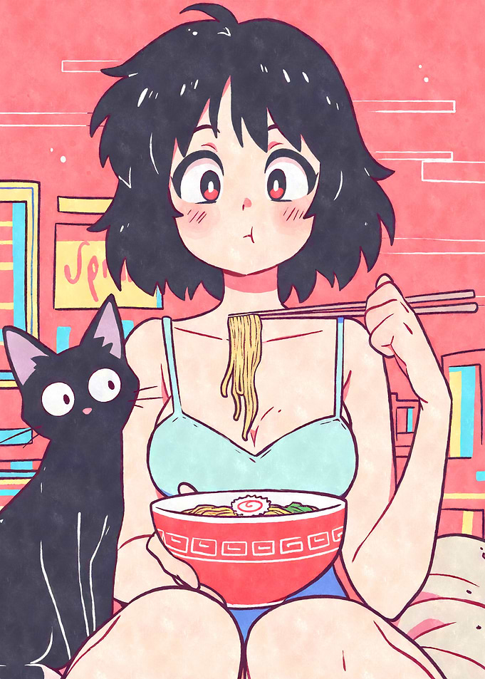 Anime Girl Eating Ramen with Cat