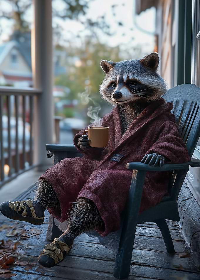 Raccoon in Robe with Coffee