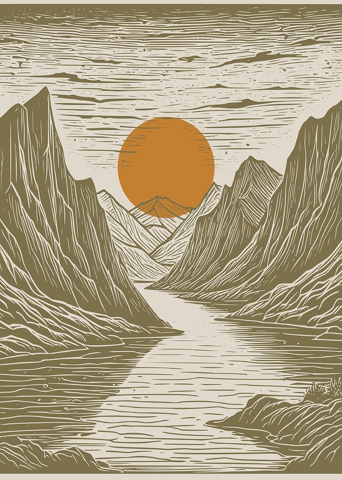 Mountain Lake Sunset Block Print