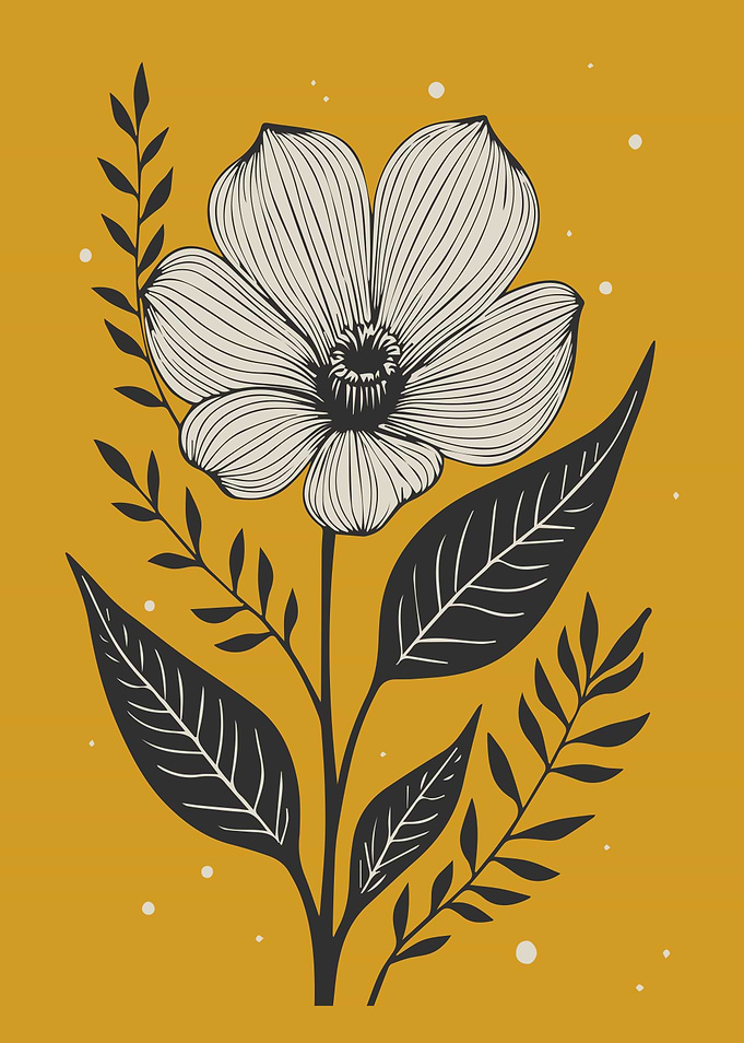 Bold Botanical Line Art on Mustard Yellow