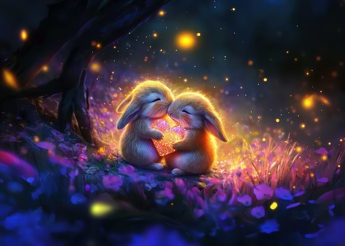 Two Bunnies Holding Heart