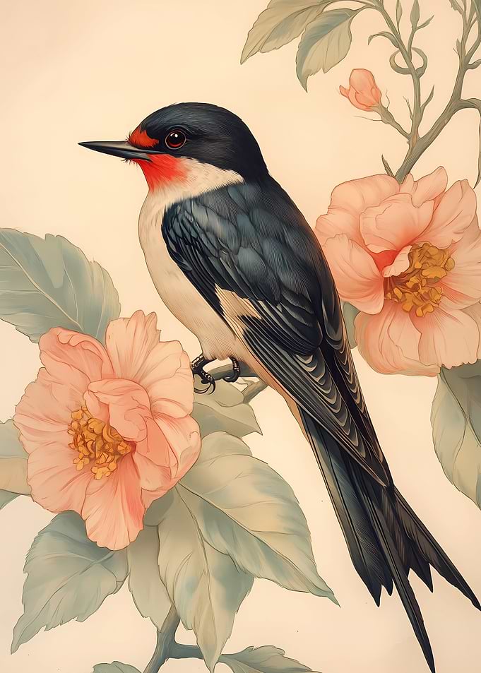 swallow bird and flowers - art nouveau