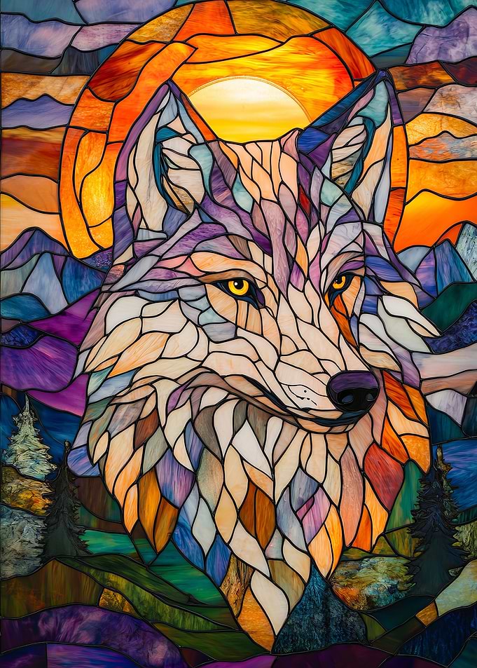 Stained Glass Wolf Sunset