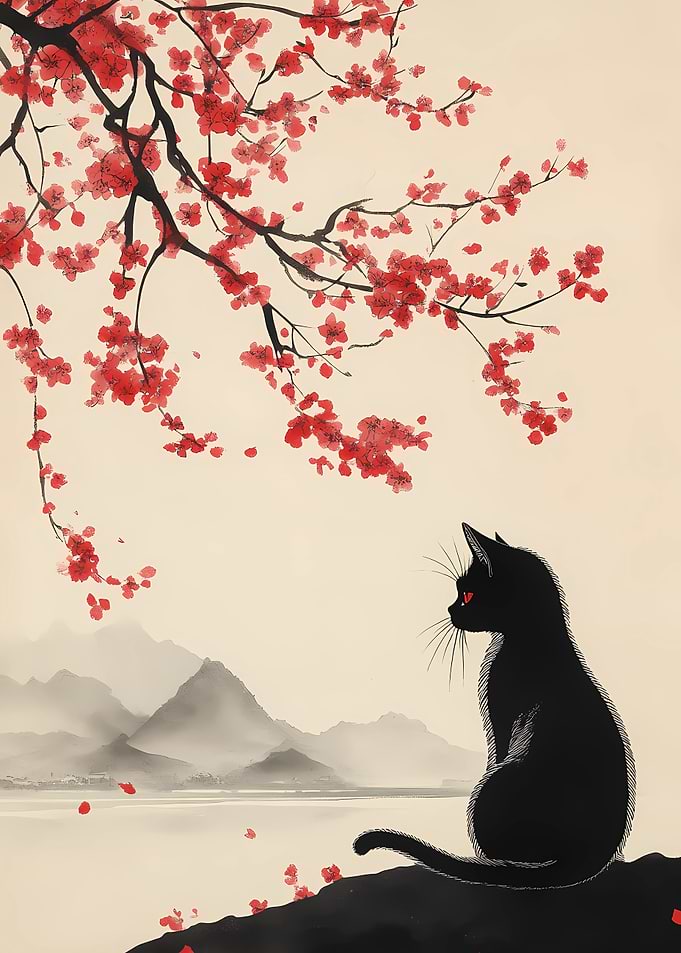 black cat and the cherry blossom tree