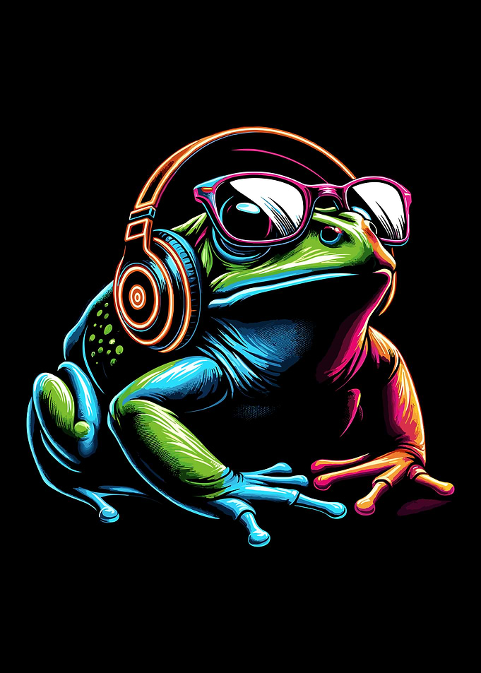 Neon Bullfrog with Headphones