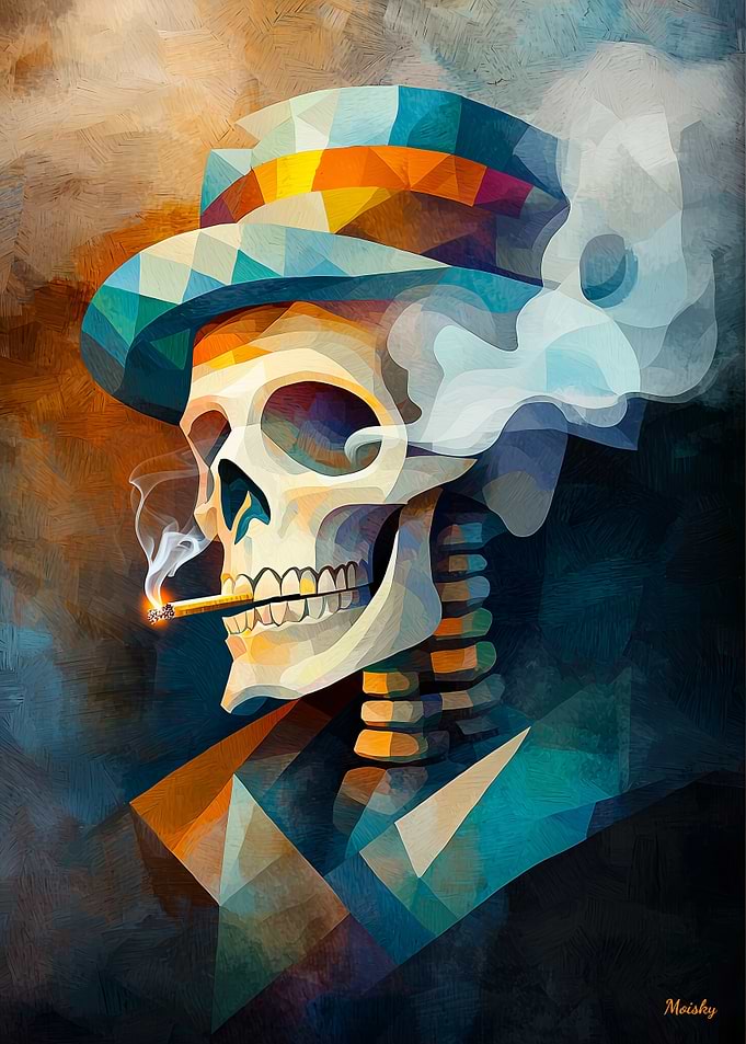 Skull Smoking a Cigarette - Cubist Minimalist Vision - Vibrant Masterpiece Inspired by Vincent van Gogh