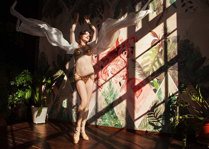 Burlesque Dancer with Flamingo Wallpaper