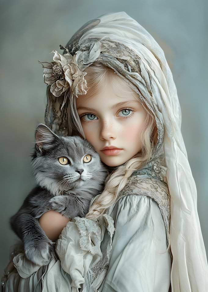Girl with Cat in White Dress