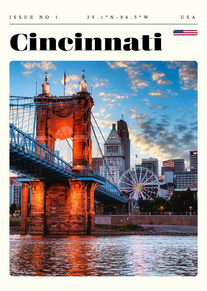 Cincinnati Ohio Skyline Bridge Travel Art Poster