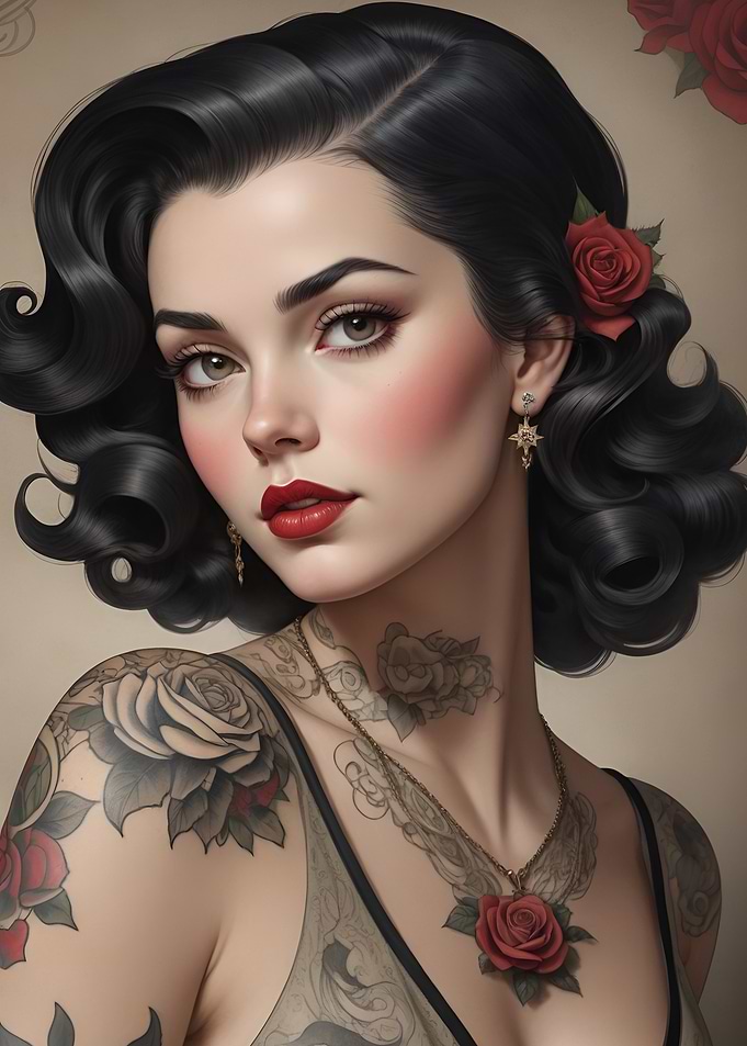 Rose Tattoo Portrait vintage girl pinup