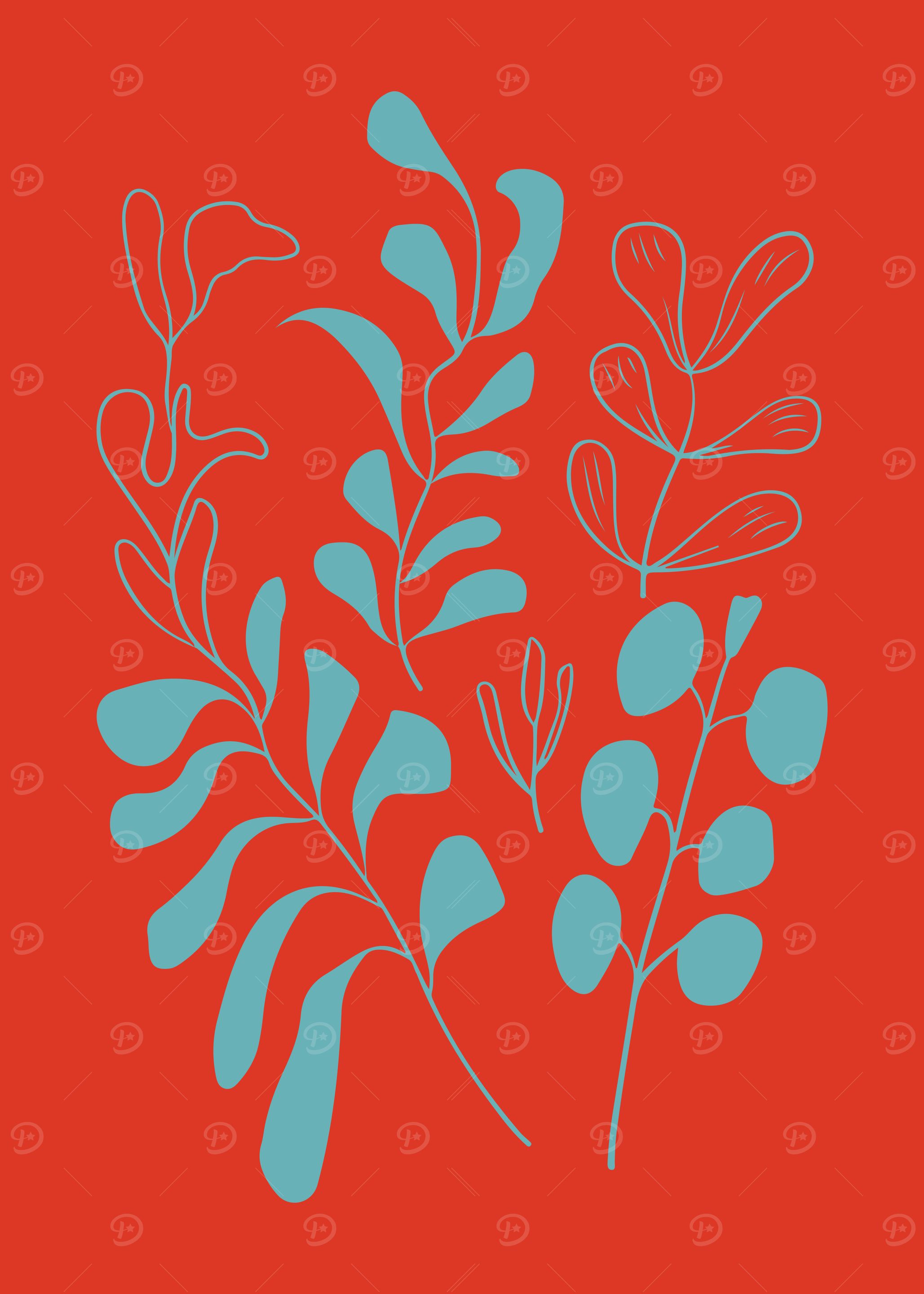 Folk Floral Drawing in Red and Blue