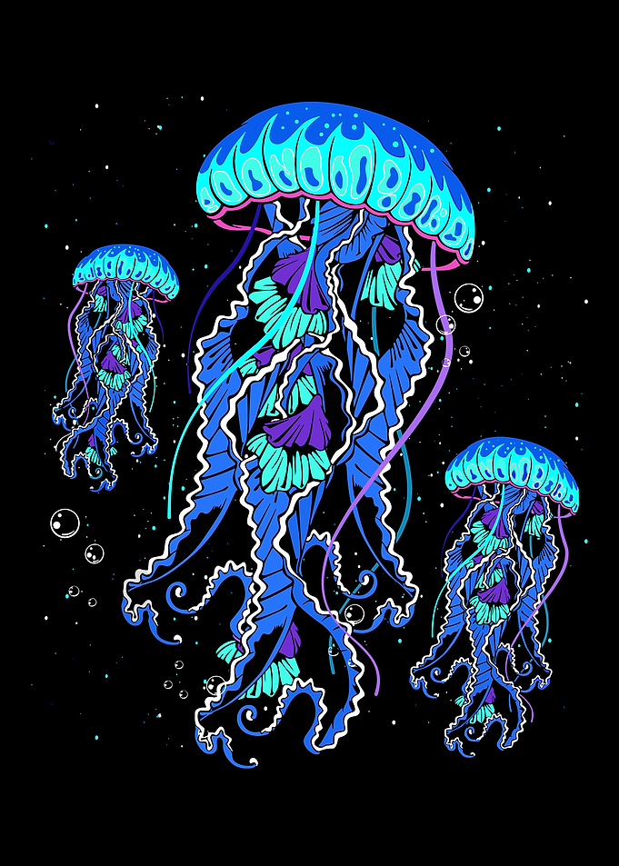 Neon Jellyfish Carnival Art, Canvas or Poster, Whimsical Contemporary Decor, Living Room Bedroom Home Office Game Room Colorful Wall Art