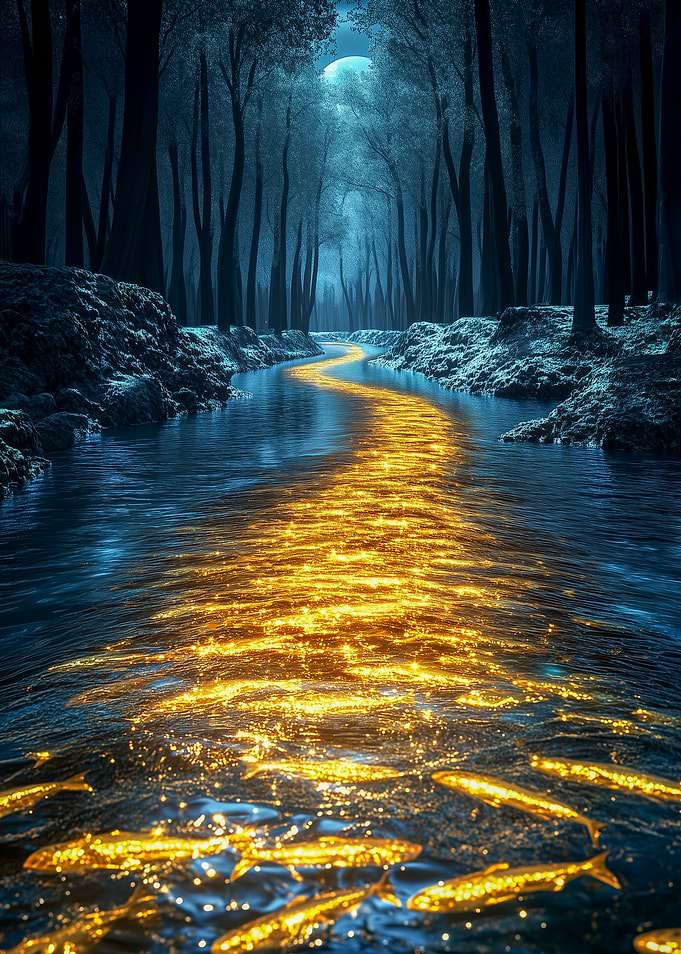 Golden River in Moonlight Forest