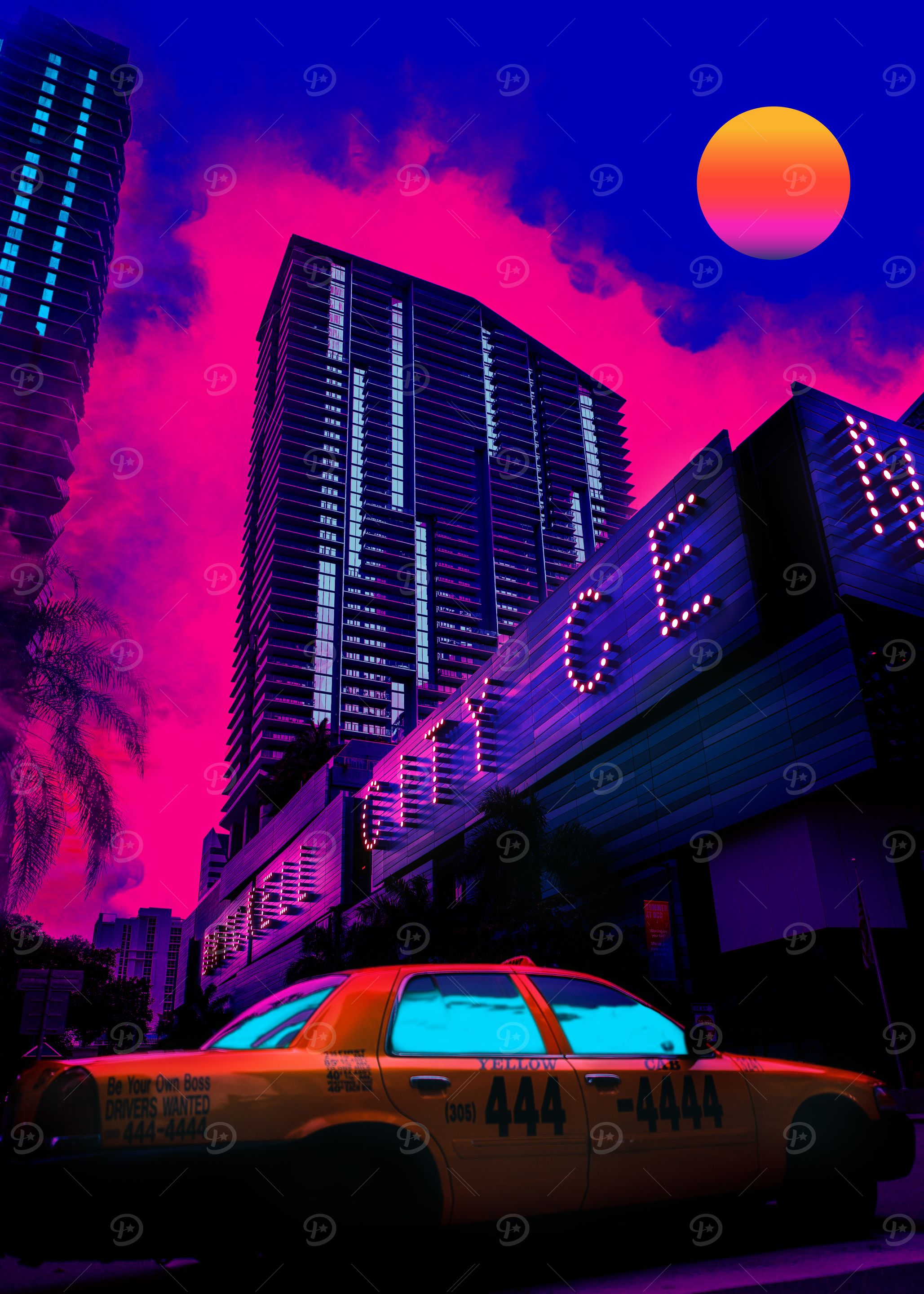 Neon Cityscape with Taxi