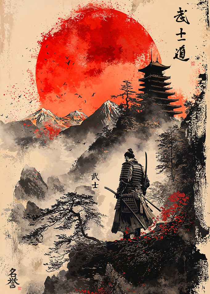 Bushido Spirit Samurai with Katana Under a Crimson Sky in Japanese Art