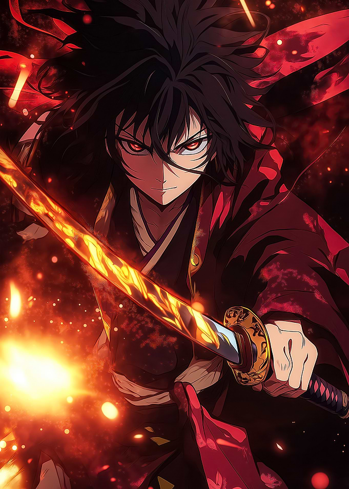 Anime Samurai with Flaming Sword