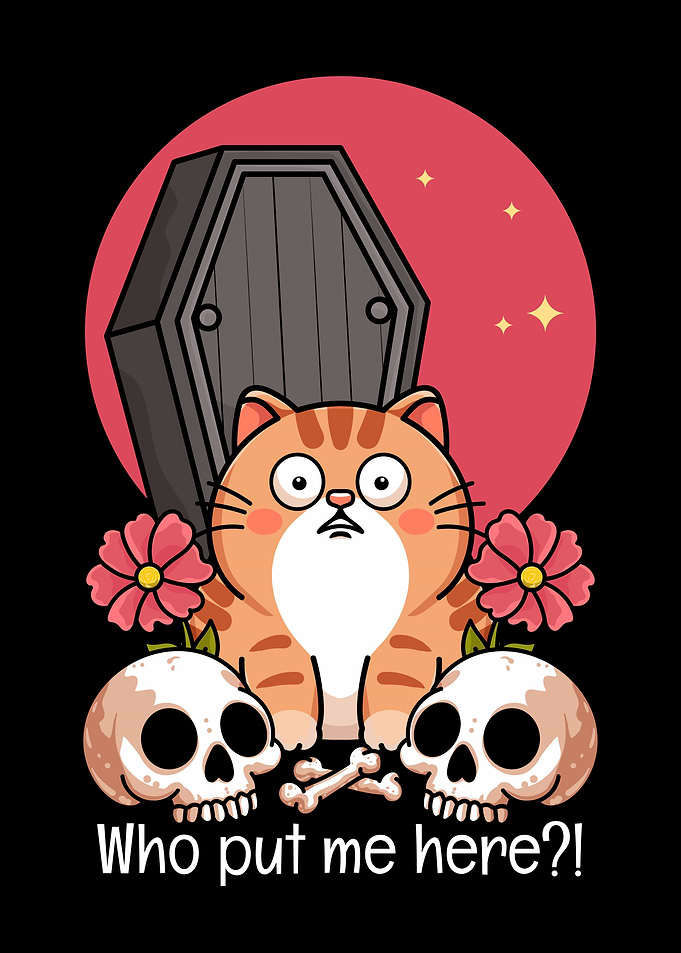Shocked Cartoon Cat & Skulls