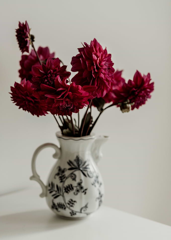 Crimson Dahlias in Vintage Pitcher