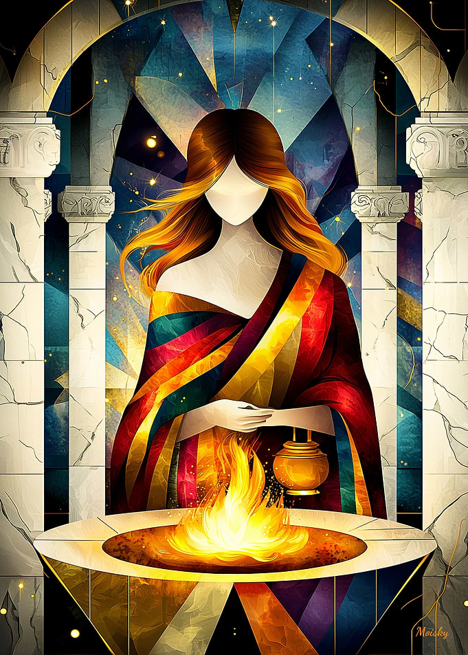 Hestia - Cubist Minimalist Legend - Goddess of the Hearth & Sacred Fire in Mythological Art