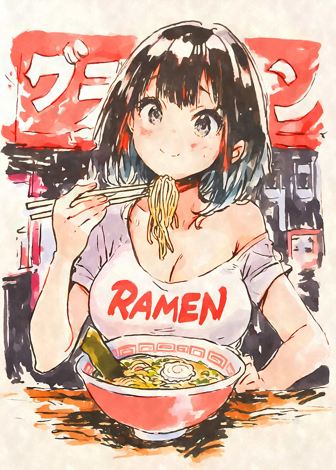 Anime Girl Eating Ramen Sumi-e