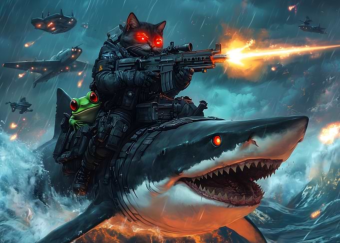 Cat riding Shark 2 Annoyed Frog tagging a alonglong