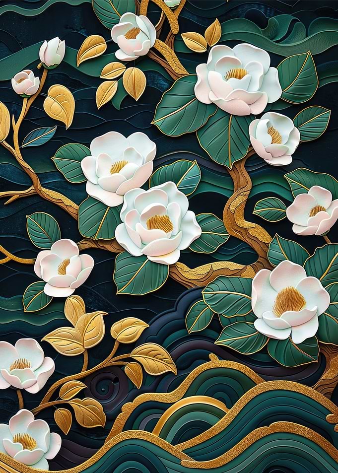 3D White Flowers Oriental Floral Art