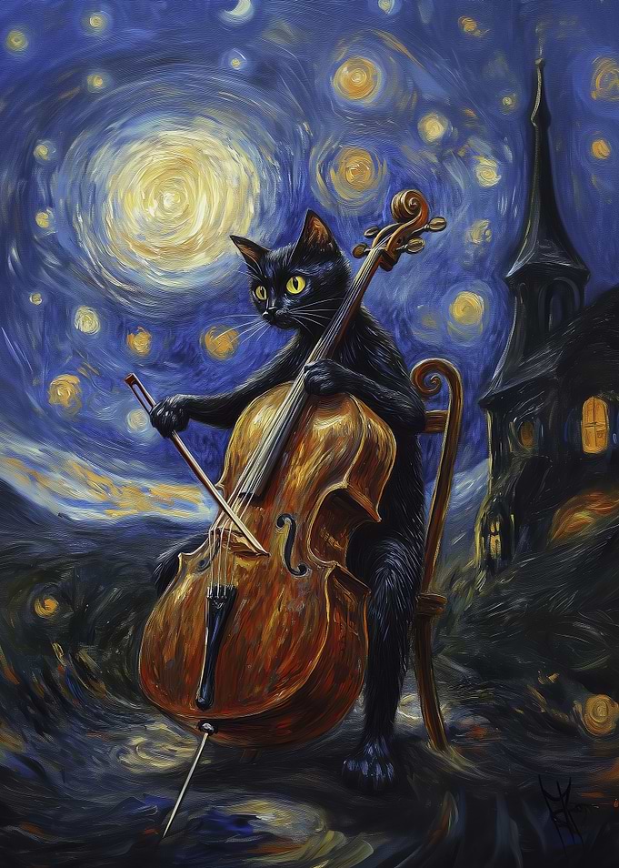 Cat Playing Cello Under Starry Night