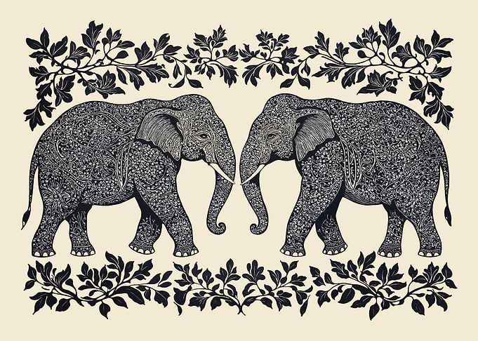 Elephants Botanical Black & White