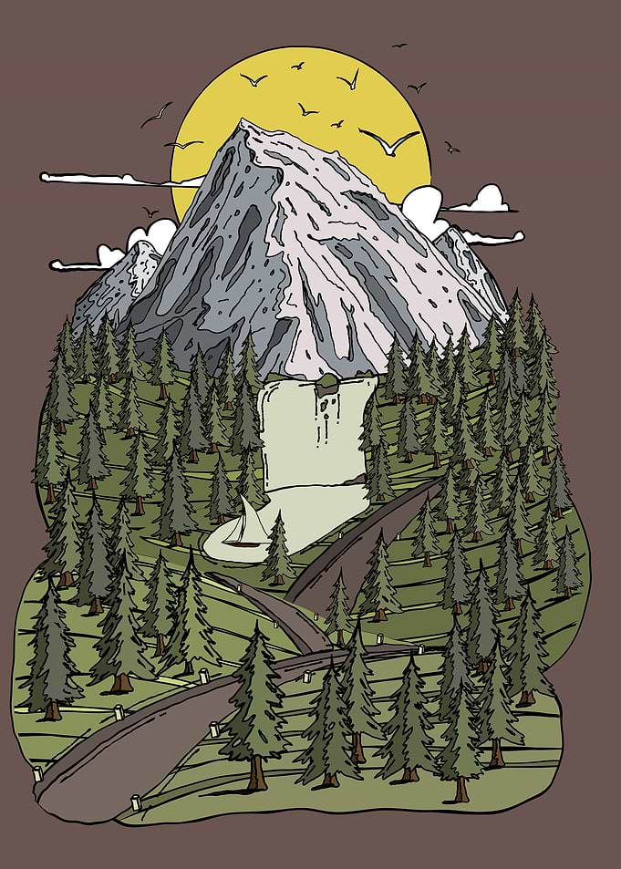 Mountain Landscape with Waterfall