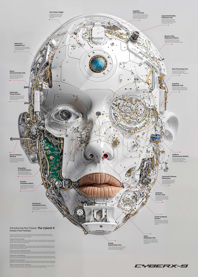 Futuristic Cybernetic Face Blueprint with Detailed AI System Components
