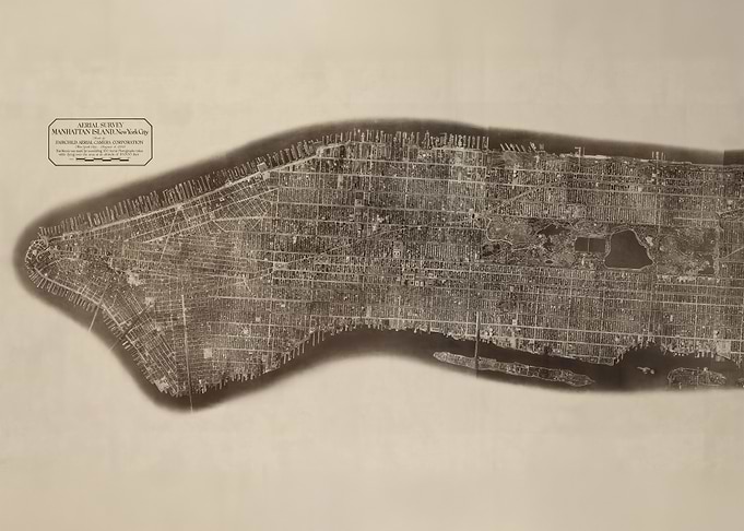Vintage Aerial Photo Map of Manhattan Island, New York City
