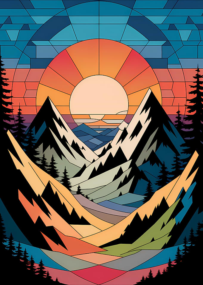 Sunset Over Mountains Stained Glass Style