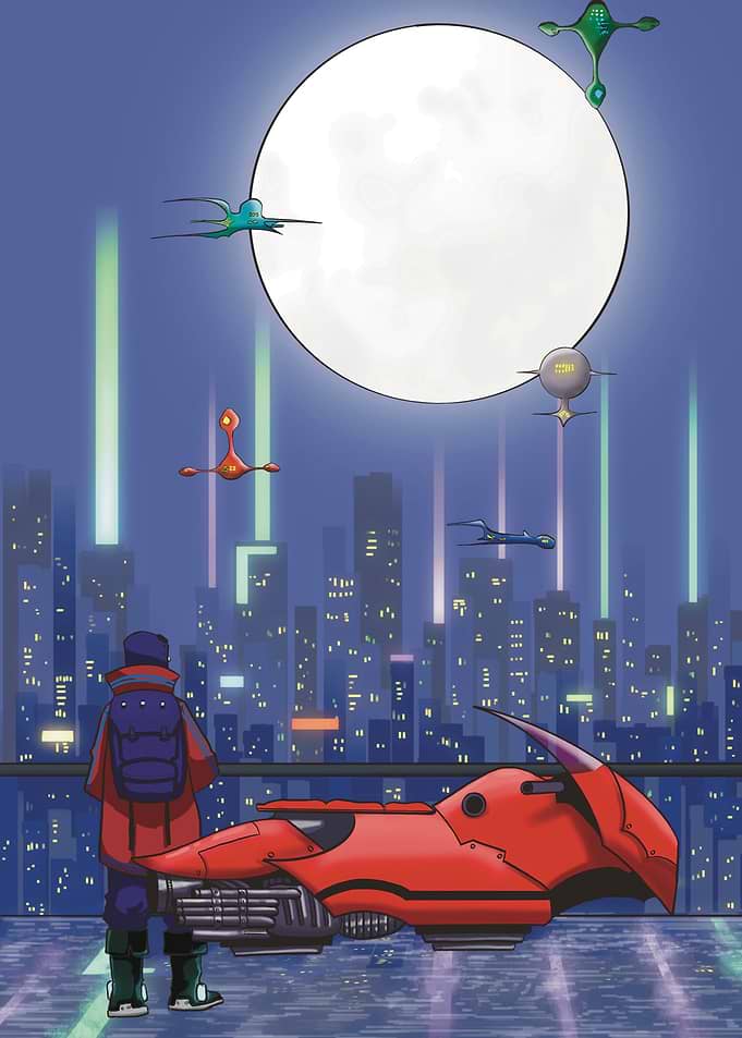Futuristic Cityscape with Motorcycle
