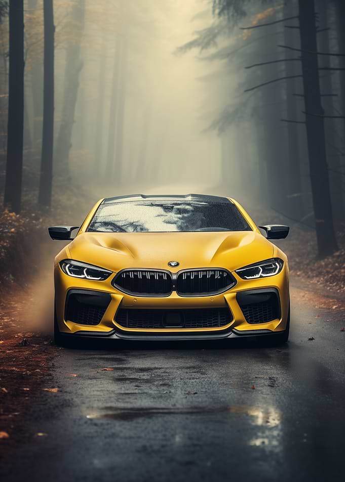 Yellow BMW M8 Foggy Forest