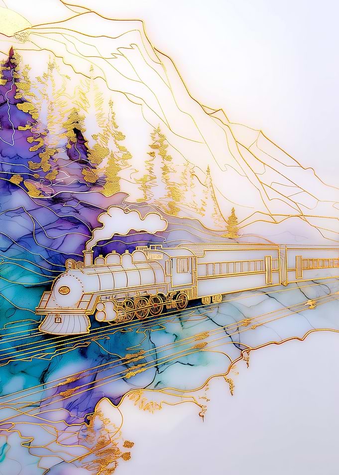 Golden Train in Mountains