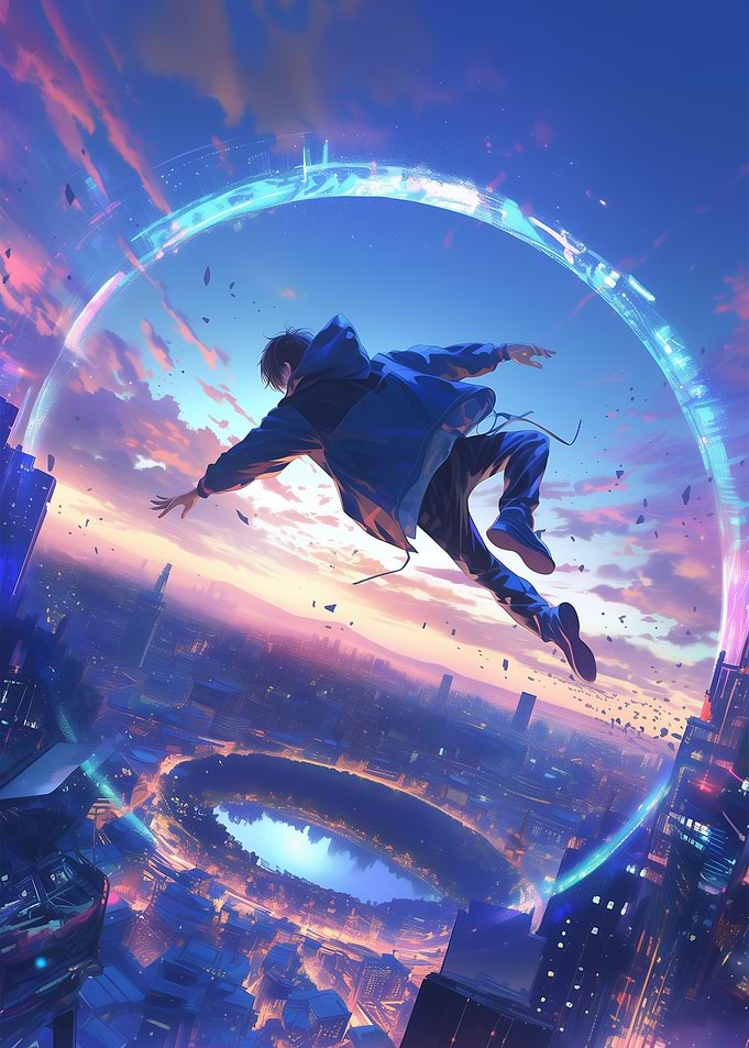 Anime Cityscape with Falling Figure