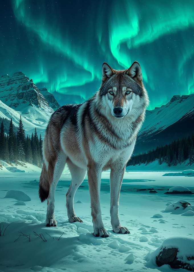 Wolf Under Aurora Borealis